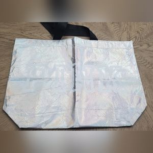 PINK silver metalic beach bag with black straps